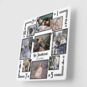 Fotocollage 9 Pic White Black Strip Name Quadratische Wanduhr (Winkel)