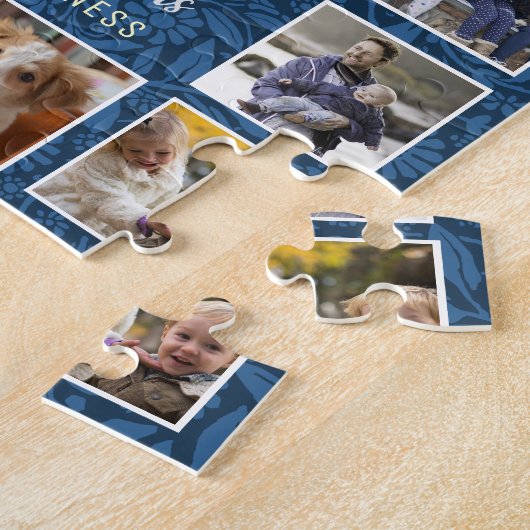 FotoCollage der Familie 15 Bilder Name Blue Floral Puzzle (Seite)