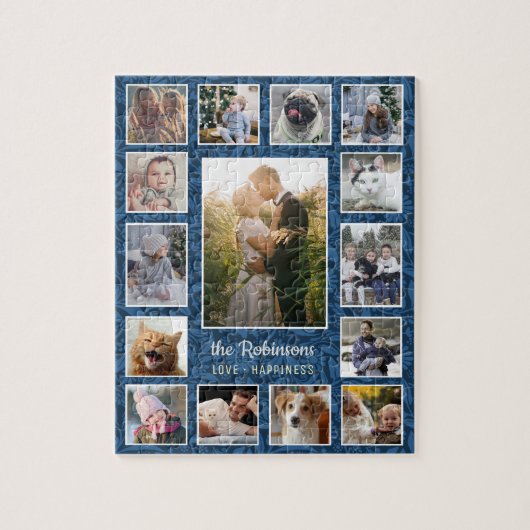 FotoCollage der Familie 15 Bilder Name Blue Floral Puzzle (Vertikal)