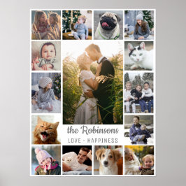 FotoCollage der Familie 15 Bilder + Name Grau Weiß Poster