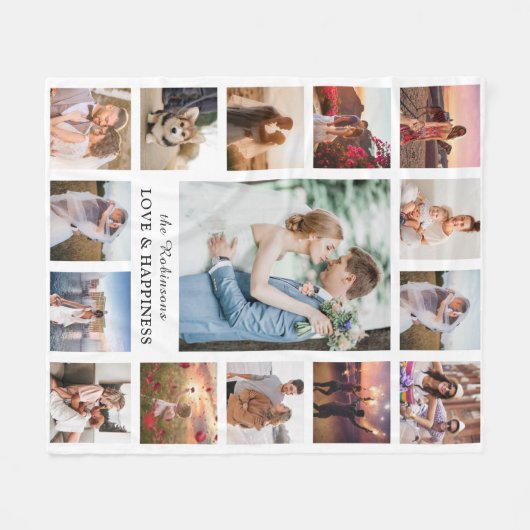 FotoCollage der Familie 15 Bilder + Name weiß Fleecedecke (Vorderseite (Horizontal))
