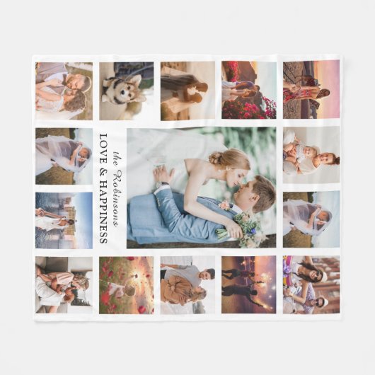 FotoCollage der Familie 15 Bilder + Name weiß Fleecedecke (Vorderseite (Horizontal))