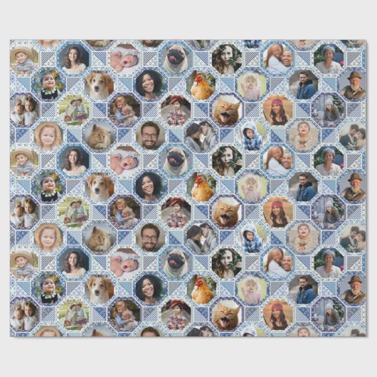 FotoCollage der Familie Easy Blue Quilt Look 28 Bi Geschenkpapier (Flach)