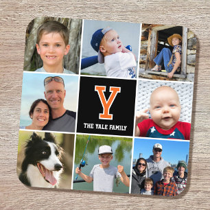 Fotocollage-Familie Mit Monogramm Orange Black Getränkeuntersetzer