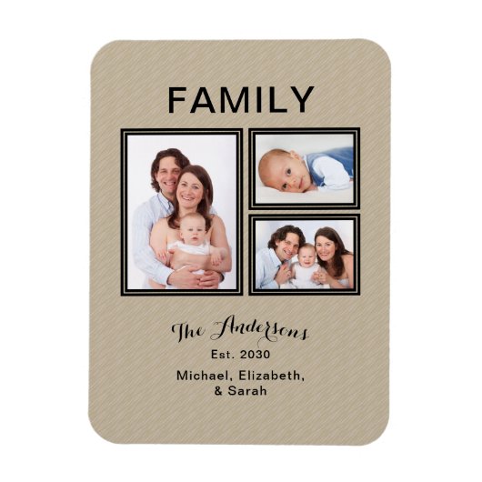 Fotocollage Familienname Moderne Sand Beige Magnet (Vertikal)