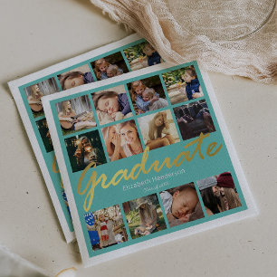 Fotocollage Graduation Party Aquamarin Gold Serviette