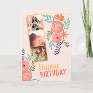 FotoCollage "Happy Birthday" Pink Coral Rose Karte