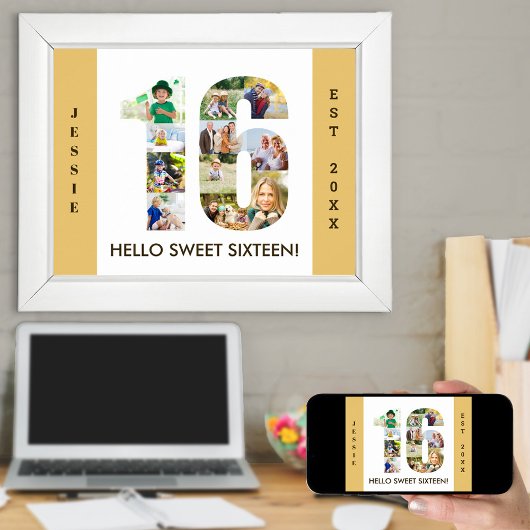 FotoCollage in Nummer 16 Neutral 16. Geburtstag Poster