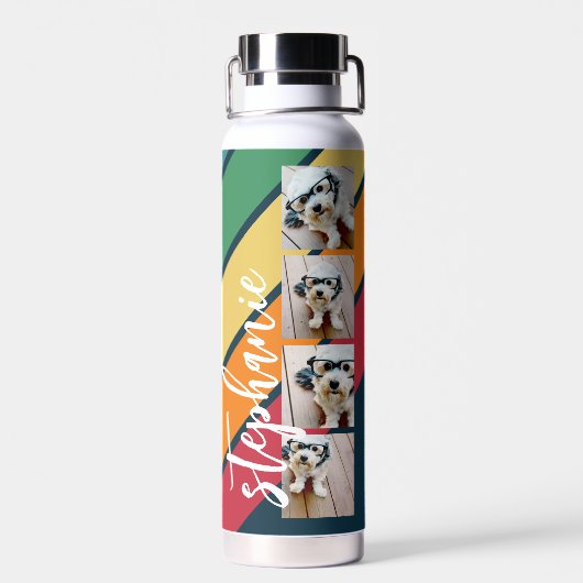 FotoCollage mit 4 Fotos Farbenfrohe Retro Streifen Trinkflasche (Rückseite)