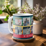 FotoCollage mit 8 Fotos Farbenfrohe Retro Streifen Kaffeetasse<br><div class="desc">Stellen Sie sicher, dass Sie Ihre Fotos vor dem Hochladen in Quadrate schneiden. Dieses moderne Rasterdesign beinhaltet einige Farbblöcke und einen Platz für einen Namen oder eine Monogramm. Die sauberen Linien und abgerundeten Ecken verleihen einem modernen Look. Für fortgeschrittene Benutzer können Sie auf die Schaltfläche Bearbeiten/Anpassen klicken und die Farben...</div>