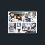 FotoCollage Mit Monogramm 7 Bilder weiß Leinwanddruck<br><div class="desc">Zeigen Sie Ihre Erinnerungen mit dieser wunderschönen Leinwand aus Foto in Weiß mit einem grau-blauen Quadrat hinter Ihrem Monogramm. Das Design bietet Platz für 7 Fotografien: 2 große horizontale, 2 mittlere vertikale und 3 kleinere Quadrate im Instagram-Stil. Fügen Sie Ihren Monogramm-Brief in kursiv hinzu. Die einfachen Vorlagen machen es einfach,...</div>