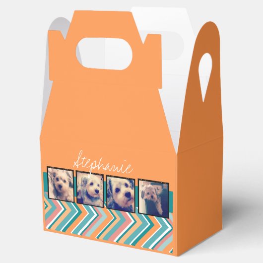 FotoCollage mit Orange und Aquamarinen Chevronen Geschenkschachtel (Geöffnet)