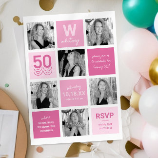 FotoCollage Modern Pink 50. Geburtstag Einladung