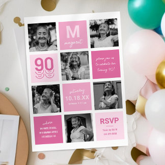FotoCollage Modern Pink 90. Geburtstag Einladung