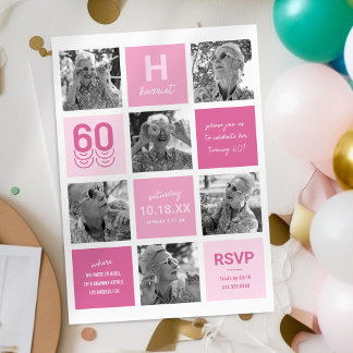 FotoCollage Modernes Rosa 60. Geburtstag Einladung