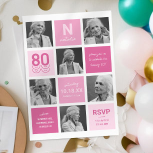 FotoCollage Modernes Rosa 80. Geburtstag Einladung