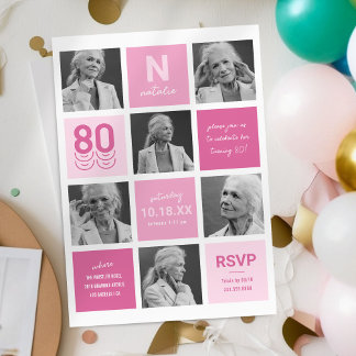 FotoCollage Modernes Rosa 80. Geburtstag Einladung