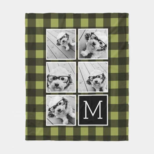 FotoCollage - Monogram Olive Black Buffalo Kariert Fleecedecke (Vorderseite)