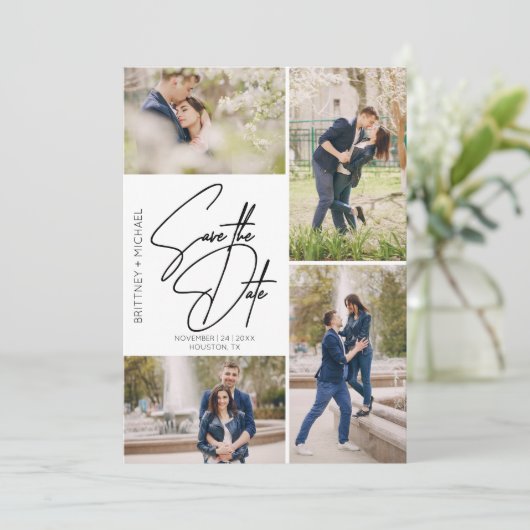 FotoCollage Save the Date mit Handschrift (Stehend Vorderseite)