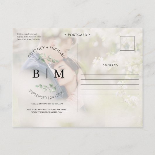 FotoCollage Save the Date mit Handschrift Ankündigungspostkarte (Rückseite)