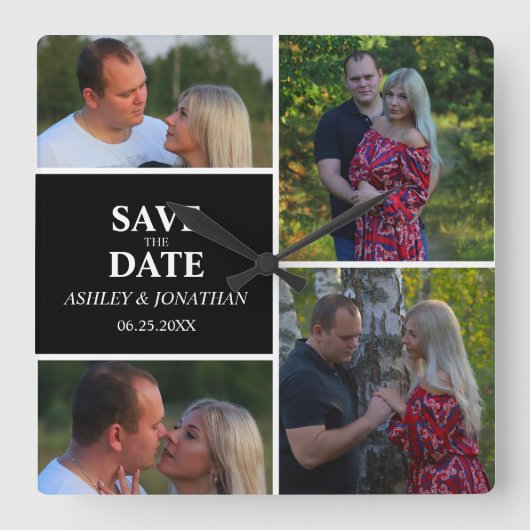FotoCollage Save the Date Quadratische Wanduhr (Vorderseite)