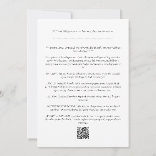 FotoCollage White Print oder Digital Wedding Invi Einladung (Rückseite)