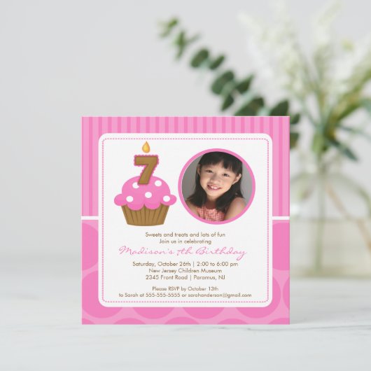 FotoCupcake Geburtstag Einladung 7. Geburtstag Ros (Stehend Vorderseite)