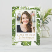 Fotoeinladung des Abschlusses tropische grünes Einladung (Stehend Vorderseite)