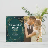 FotoEmerald Green Gold Celestial Wedding Save The Date (Stehend Vorderseite)