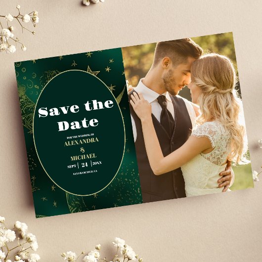 FotoEmerald Green Gold Celestial Wedding Save The Date