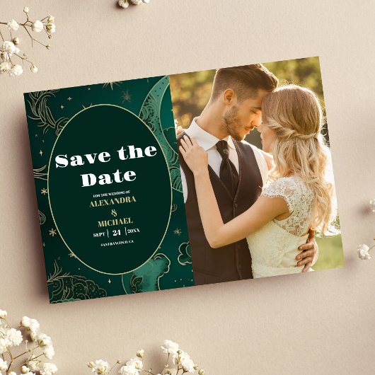 FotoEmerald Green Gold Celestial Wedding Save The Date