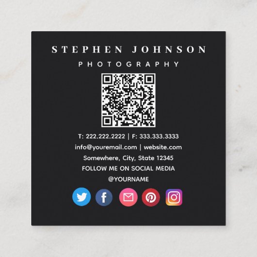 Fotograf 4 Fotos QR Code Social Media Icons Quadratische Visitenkarte (Rückseite)