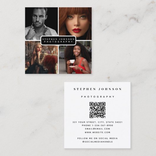 Fotograf 4 Fotos QR Code Social Media Quadratische Visitenkarte (Vorne/Hinten)