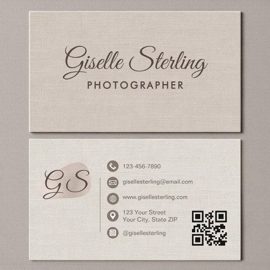 Fotograf Beige Leinen Modern Elegant QR-Code Visitenkarte