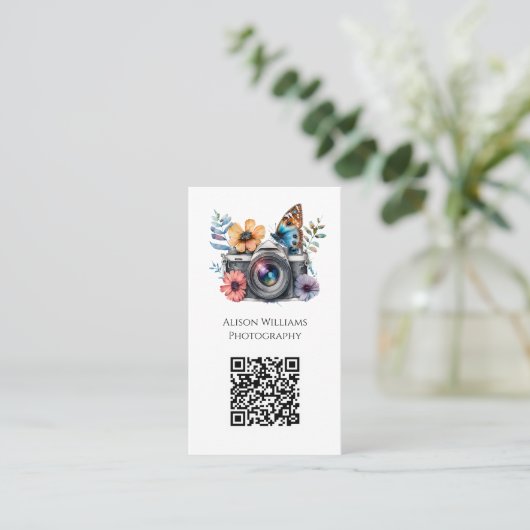 Fotograf Floral Butterfly Kamera Wasserfarbe QR Visitenkarte (Stehend Vorderseite)
