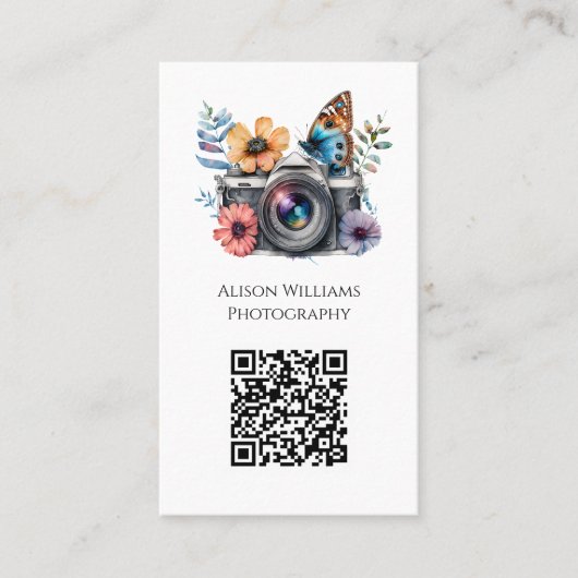 Fotograf Floral Butterfly Kamera Wasserfarbe QR Visitenkarte (Vorderseite)
