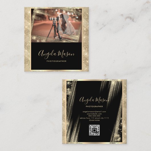 Fotograf Foto QR Code Black Gold Einzigartig Quadratische Visitenkarte (Vorne/Hinten)