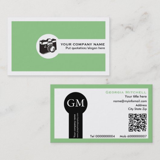 Fotograf Kamera und QR-Code mintgrün Visitenkarte (Vorne/Hinten)