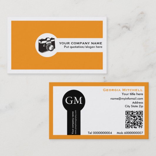 Fotograf Kamera und QR-Code orange Visitenkarte (Vorne/Hinten)