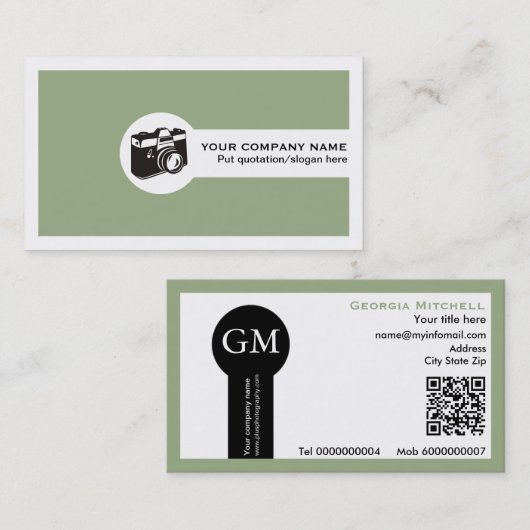 Fotograf Kamera und QR-Code salbeigrün Visitenkarte (Vorne/Hinten)