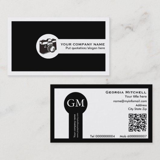 Fotograf Kamera und QR-Code schwarz und weiß Visitenkarte (Vorne/Hinten)