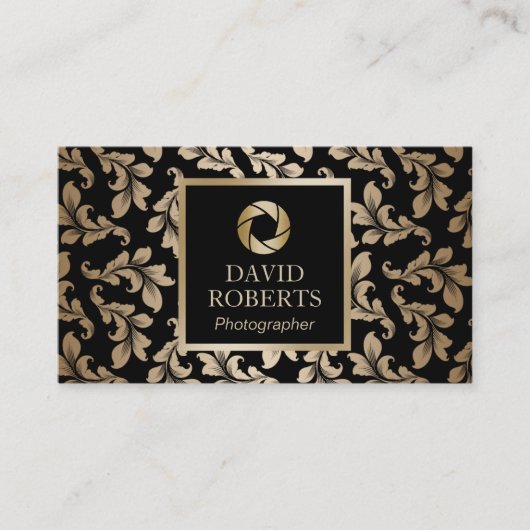 Fotograf Luxury Black & Gold Damask Muster Visitenkarte (Vorderseite)