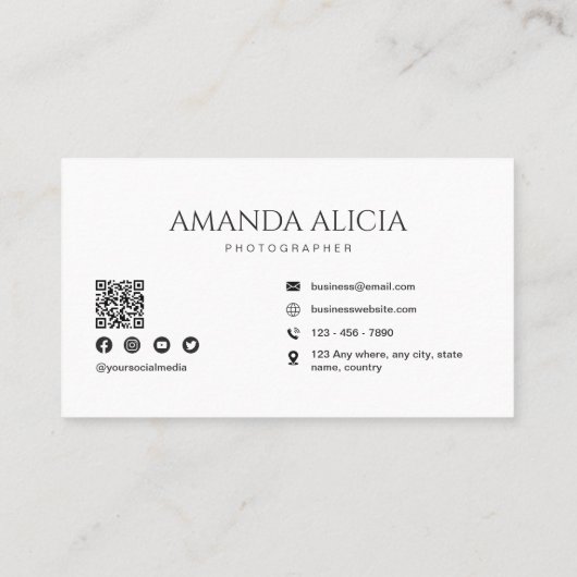 Fotograf Minimalistischer Schwarz-weißer Qr-Code Visitenkarte (Rückseite)