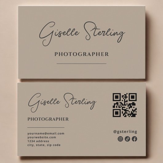 Fotograf Neutral Taupe Schrift QR-Code Visitenkarte