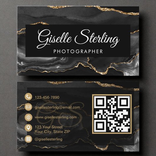 Fotograf QR Code Black Gold Agate Luxe Luxe Visitenkarte
