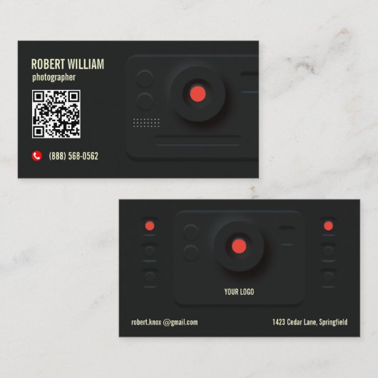 Fotograf QR-Code Modern Schwarz | Minimales Design Visitenkarte (Vorne/Hinten)