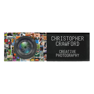 Fotograf und Fotografie-Geschäfts-Kameraobjektiv Namenschild
