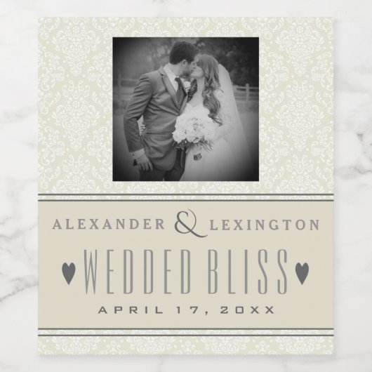 Fotografie Classic Elegant Damask Hochzeit Weinetikett (Einzelnes Label)