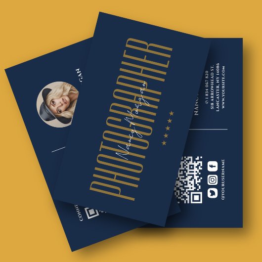 Fotografie Foto QR-Code Navy Blau Gold Visitenkarte