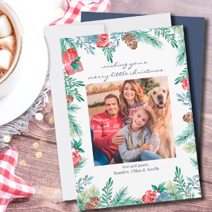 Fotografie mit Kiefernzapfen und Weihnachtsblumen Feiertagskarte